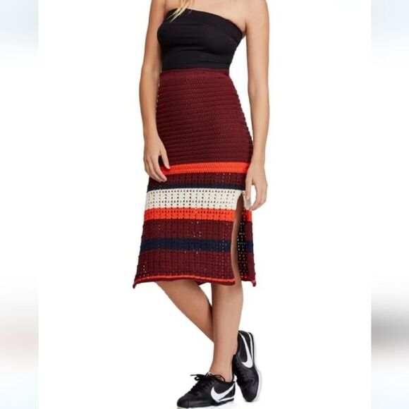 Free People Far from Here Crochet Midi Skirt in Red Combo Size S - Picture 1 of 4